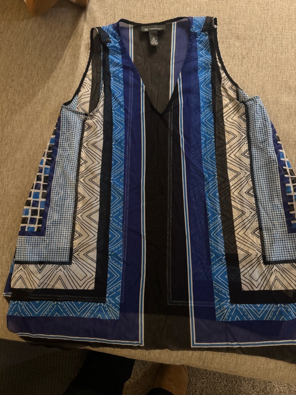 INC International Concepts Blue and Black Striped V-Neck Sleeveless Blouse